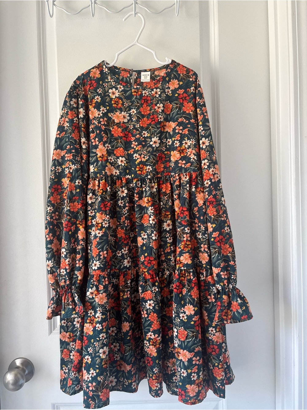 SHEIN Dark Green Floral Tiered Long-Sleeve Dress with Orange and Cream Flowers